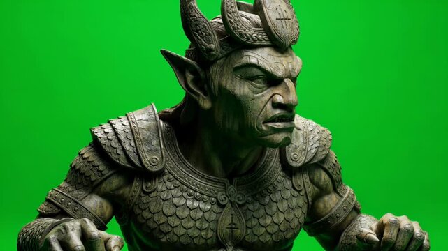 A detailed stone sculpture of a mythical creature with horns and armor against a green screen background.