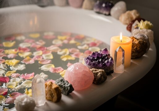 Bathtub filled with warm water and flower petals decorated with crystals and a burning candle. Holistic wellness and spa concept for relaxation and stress relief at home.