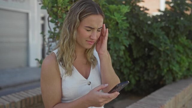 Woman holding smartphone, hand to temple on street reading a message and squinting in pain; frustration missed message.