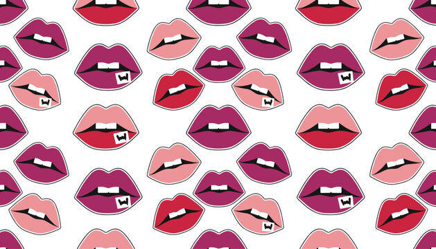 Sassy seamless pattern of red and pink biting lips with white teeth sticker designs on a clean white background.
