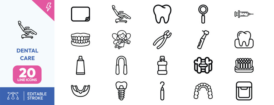 Dental Procedures Tools icon set. Containing tooth extraction key, braces, dental x-ray film, scaler, toothpaste bottle, mouthguard, dental floss reel. Editable stroke. Vector illustration.