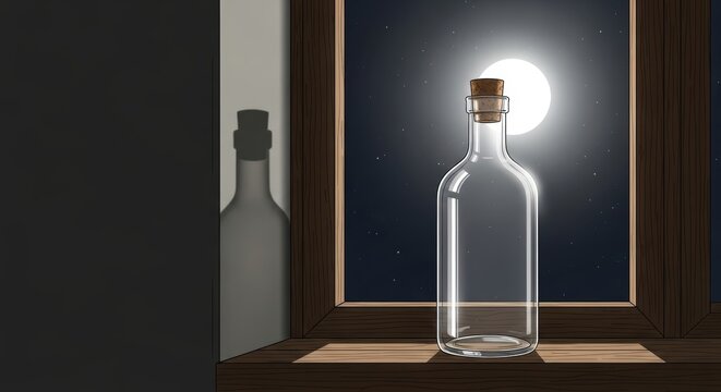 Empty glass bottle with cork stopper on wooden windowsill at night. Nighttime scene with bright full moon in sky. Mystery, solitude and quiet contemplation concept. Artistic illustration.