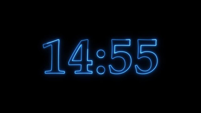 Blue neon timer display counting down from fifteen minutes duration.