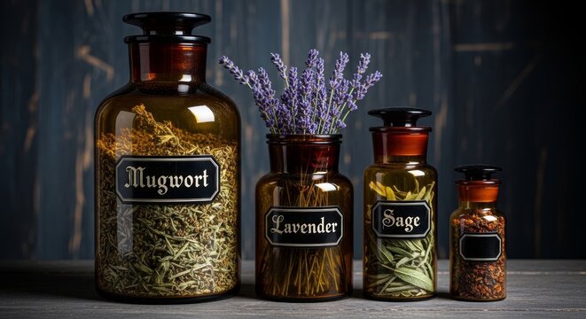 Apothecary bottles with dried medicinal herb for wellness and natural healthcare. Glass jar containing lavender, sage and mugwort for aromatherapy or herbal medicine. Holistic remedy.