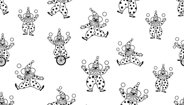 Seamless black and white pattern featuring cute clowns juggling balls, riding a unicycle, and performing funny acrobatic poses.