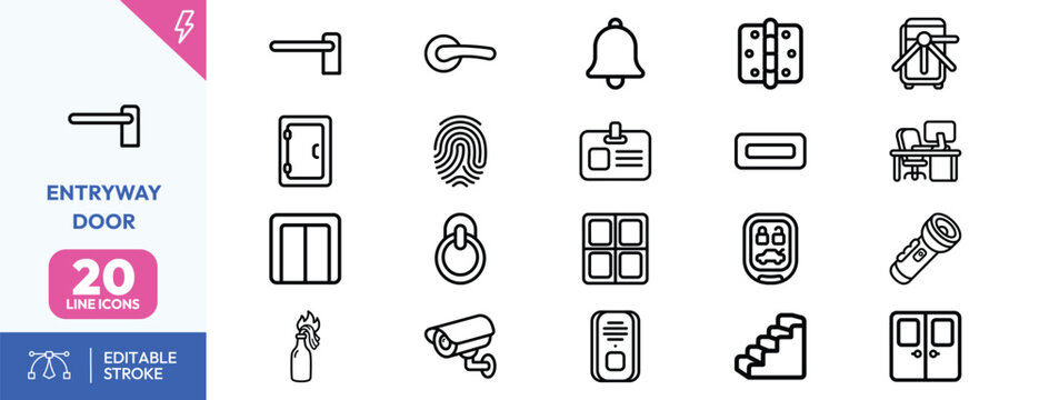 Secure Entryway Authentication Devices icon set. Containing key, fingerprint scanner, card reader, keypad, doorbell, security camera, smart lock, remote control. Editable stroke. Vector illustration.
