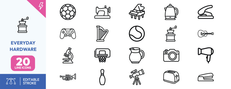 Daily Utility Essentials icon set. Containing sewing machine, camera, microscope, coffee maker, scissors, hair dryer, bowling pin, game controller, iron. Editable stroke. Vector illustration.