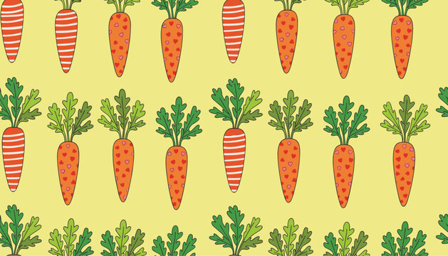 Playful seamless pattern of orange carrots decorated with little hearts and stripes on a bright yellow background.