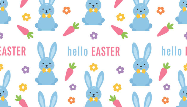 Hello Easter seamless pattern with cute blue rabbits, orange and purple flowers, pink carrots, and text on a white background.