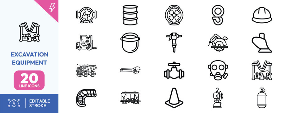 Site Preparation Machinery icon set. Containing excavator, shovel, wrench, hard hat, gas mask, spray bottle, bucket, survey marker, toolbox. Editable stroke. Vector illustration.