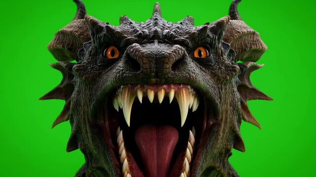 Fierce dragon head with sharp teeth and glowing eyes, isolated on a green screen background for easy compositing.