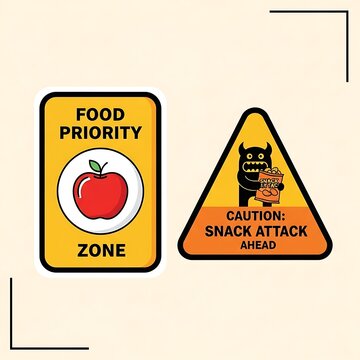 Food priority warning sign with snack attack caution.