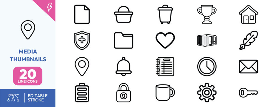 Digital Communication Tools icon set. Containing location pin, folder, heart, bell, books, quill, clock, envelope, gear, key, coffee mug, trophy. Editable stroke. Vector illustration.