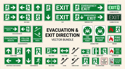 Emergency Exit Signs and Evacuation Route Symbols Collection © gedang