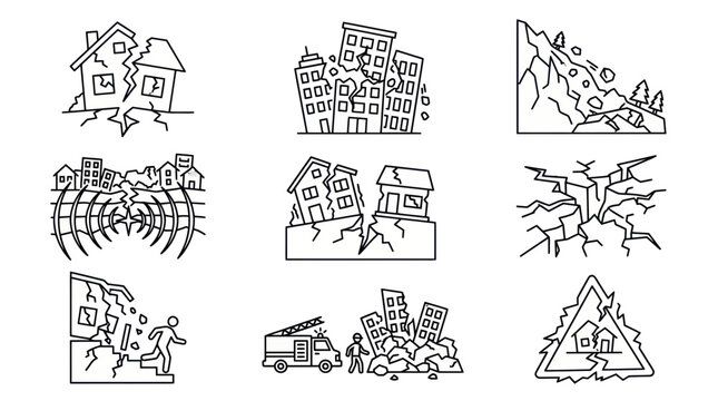 Earthquake Damage Icons: Collapsed Buildings, Landslide, Cracks, Firefighter Rescue