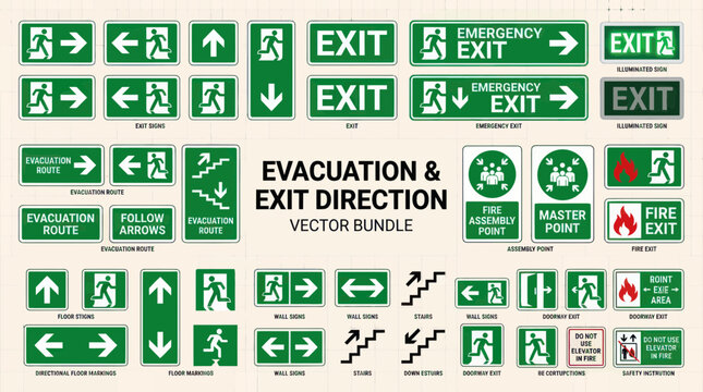 Emergency Exit Signs and Evacuation Route Symbols Collection
