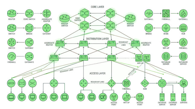 Network Diagram: Core, Distribution, and Access Layers with Devices