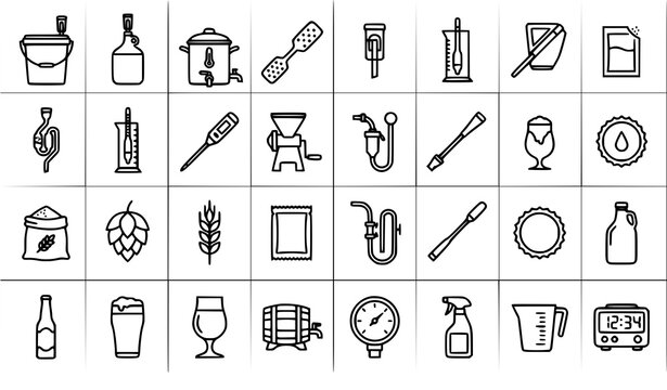 Home Brewing Outline Icon Set with Craft Beverage Equipment and Brewery Tools