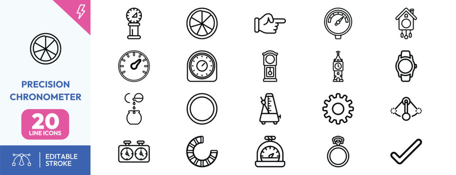 Horological Craftsmanship Components icon set. Containing chronometer, clock hands, watch gears, stopwatch, watch adjustment tool, analog dial, gear mechanism. Editable stroke. Vector illustration.