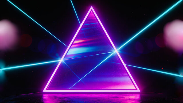 Futuristic neon background with glowing magenta triangle portal, cyan laser beams and lens flare on dark stage.