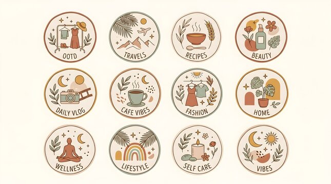Boho Instagram Story Highlight Icons Vector Sticker Sheet Collection.