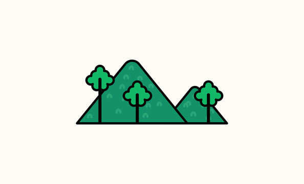 Simple mountain and tree landscape illustration in flat vector style. Ideal for nature, outdoor, ecology, travel, and environmental design projects.