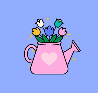 Colorful hand drawn flower bouquet arranged in a pink watering can with a heart design. Cute cartoon vector clipart with floral, gardening, and spring theme elements.