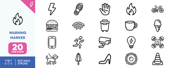 Naklejka premium Daily Life Warning Icons. Containing lightning bolt, flame, burger, bicycle, coffee cup, trash can, umbrella, hand gesture, traffic cone, running person. Editable stroke. Vector illustration.