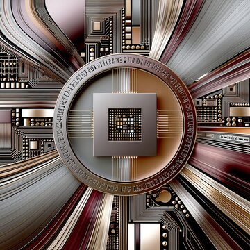 AI-generated image of a computer chip at the center of a futuristic gizmo in silver, purple, blue and gold
