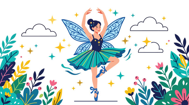 Fairy ballerina dancing among stars and flowers in flat vector style for childrens fantasy branding