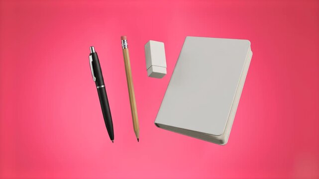 A floating set of essential office stationery featuring a white hardcover notebook, ballpoint pen, wooden pencil, and eraser against a vibrant pink studio backdrop. Perfect for back-to-school marketin