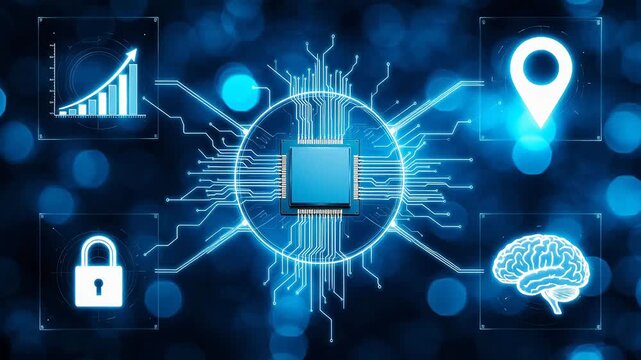 Circuit board with icons on dark background