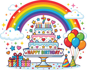 Fototapeta premium Colorful birthday celebration, rainbow cake, party decorations, happy birthday vector