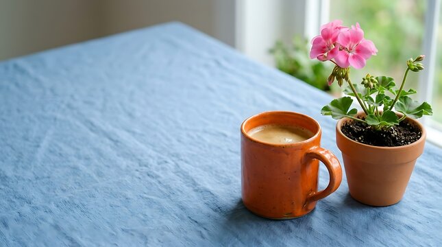 Orange coffee mug and pink geranium on a blue tablecloth