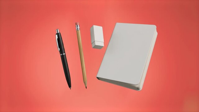 A clean composition of office and school supplies with a notebook, black pen, wooden pencil, and eraser floating against a vibrant coral background. Suitable for education promos, back to school comme