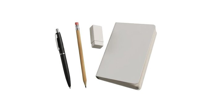 Office essentials such as a white notebook, pen, pencil, and eraser float smoothly on a clean white backdrop. Suitable for corporate stationery mockups, educational guides, office service promos, and 