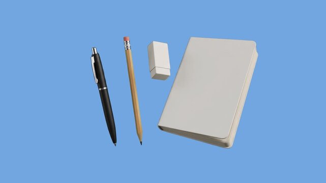 A clean set of office supplies including a notebook, pen, pencil, and eraser floats against a solid blue backdrop. Great for back-to-school marketing, office product branding, educational videos, and 