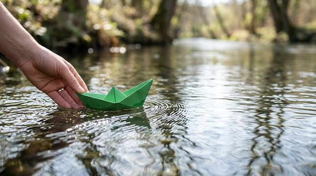 Hand launching a green paper boat on a calm forest river