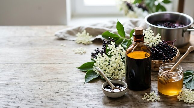 Homemade elderberry syrup with honey and fresh flowers on rustic wood