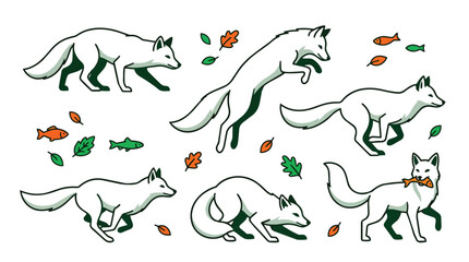 Fototapeta premium Arctic fox hunting poses in minimalist flat vector illustration set for childrens educational publishing