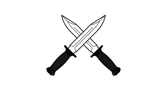 Two sharp military combat knives arranged in a classic crossed position featuring black handles and steel blades isolated against a smooth light gray background digital illustration