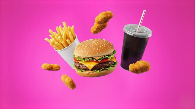 A colorful 3D product animation featuring a delicious beef burger, golden french fries, a carbonated soft drink, and flying chicken nuggets. The fast food items are suspended dynamically against a bri