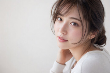 Naklejka premium 髪をまとめカメラを見つめる透明感のある女性 Generative AI