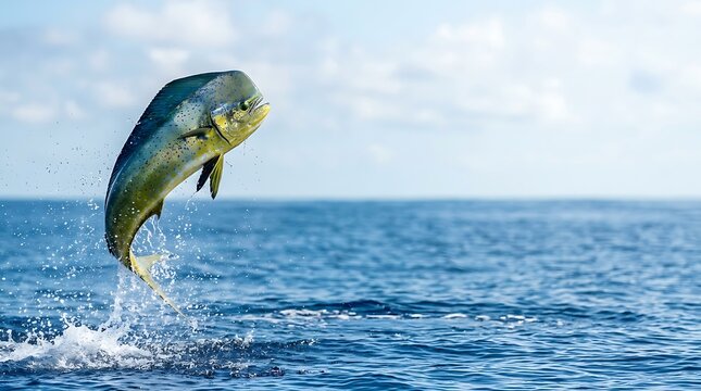 Vibrant mahi mahi leaping from the blue ocean water