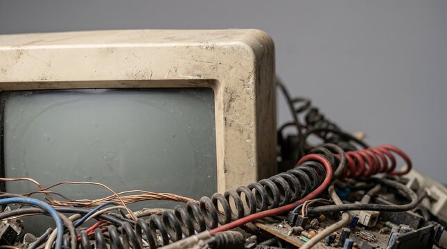 Old dusty CRT monitor in a pile of tangled wires and e-waste