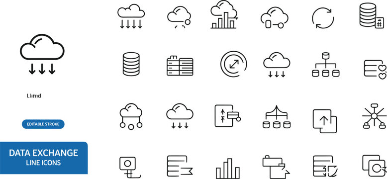 Cloud data exchange line icons set