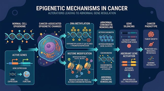 Scientific infographic showing epigenetic mechanisms in cancer growth