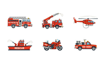 Set of six colorful emergency and rescue vehicles icons including fire truck, ambulance, helicopter, and police car © MDFOYSAL