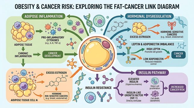 Infographic showing biological pathways connecting obesity and cancer