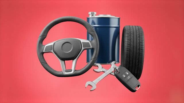 A high-impact 3D arrangement of car maintenance components including a leather steering wheel, rubber tire, oil barrel, spanner wrench, and key fob isolated on a bold red background. Excellent for mot